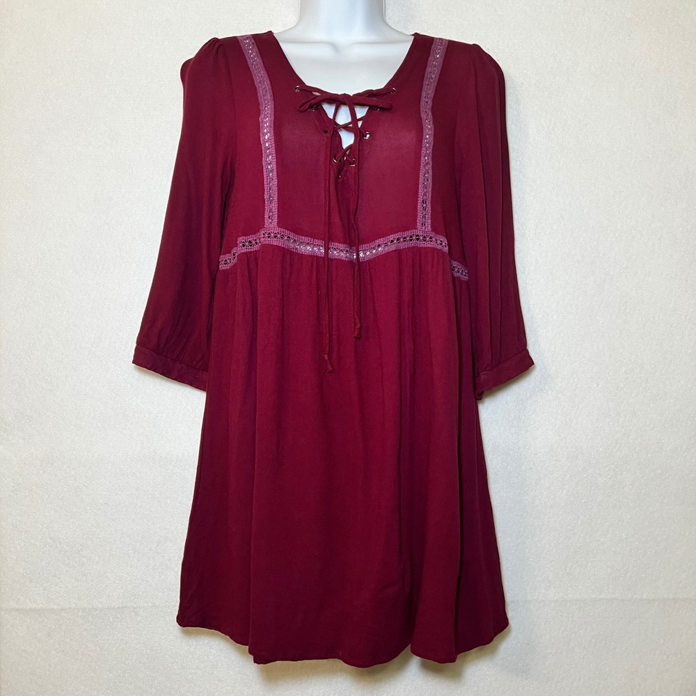 Before You Collection Burgundy Peasant Boho Whimsigoth Goth Crochet Tunic Wine M